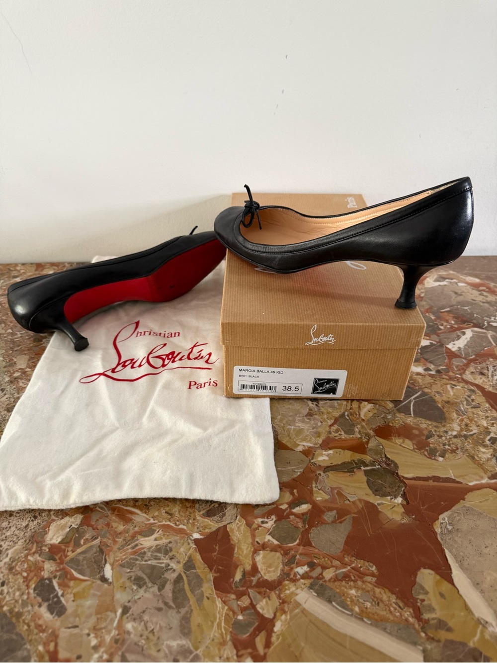 Christian Louboutin Black Leather Kitten Heel Pumps with Red Sole